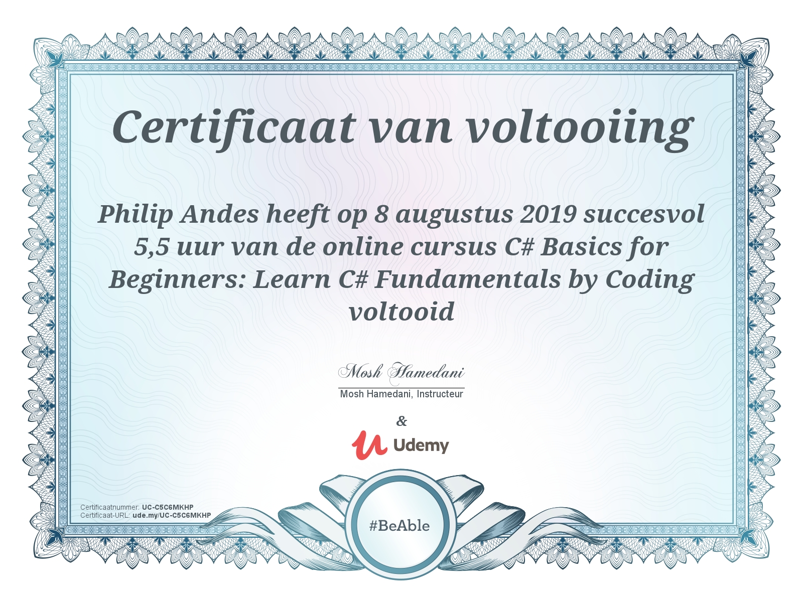 C# Beginners Udemy Certificate