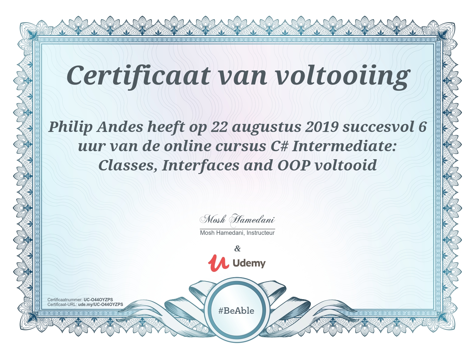 C# Intermediate Udemy Certificate